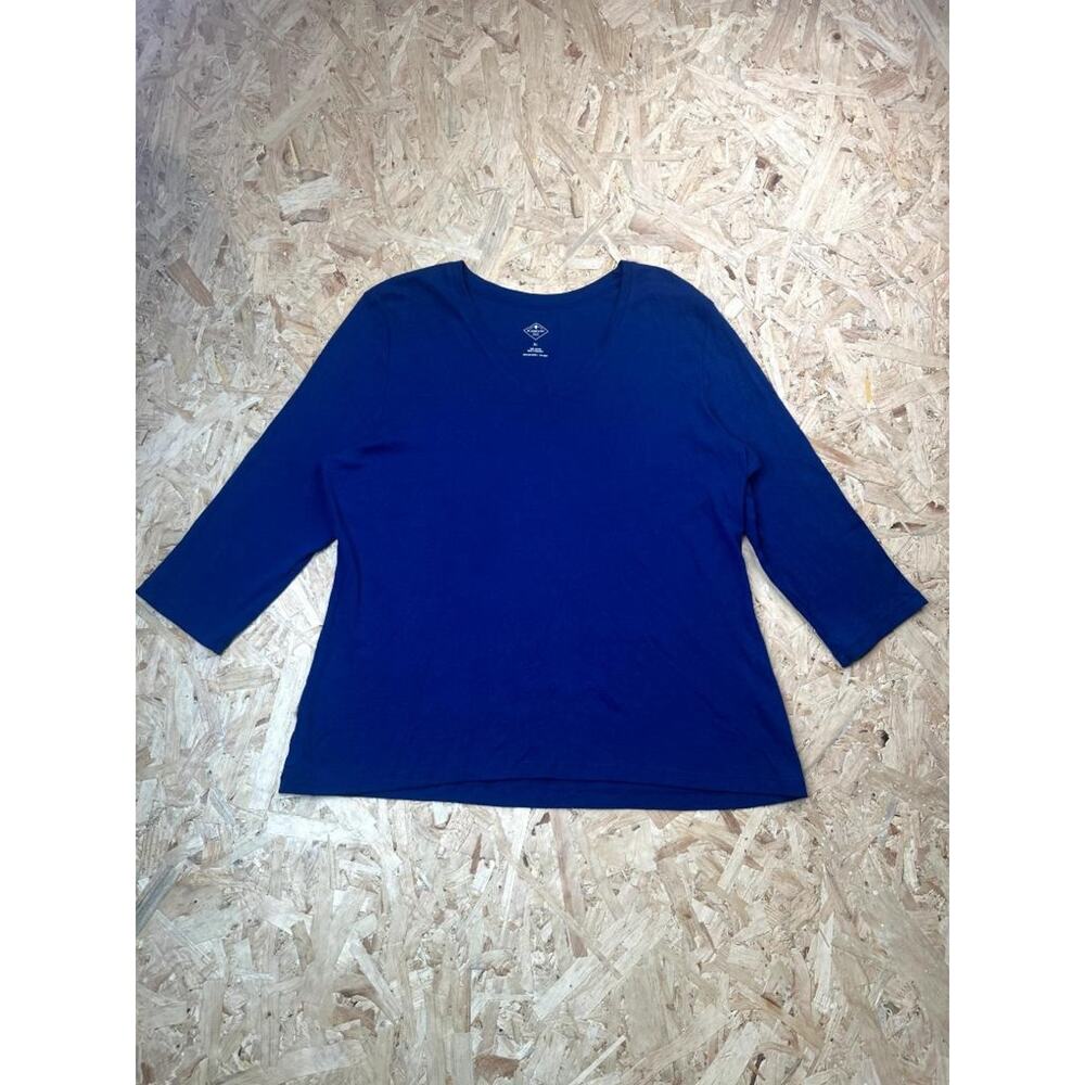St Johns Bay Womens XL Blue V-Neck T-Shirt 3/4 Sleeve 100% Cotton Tee